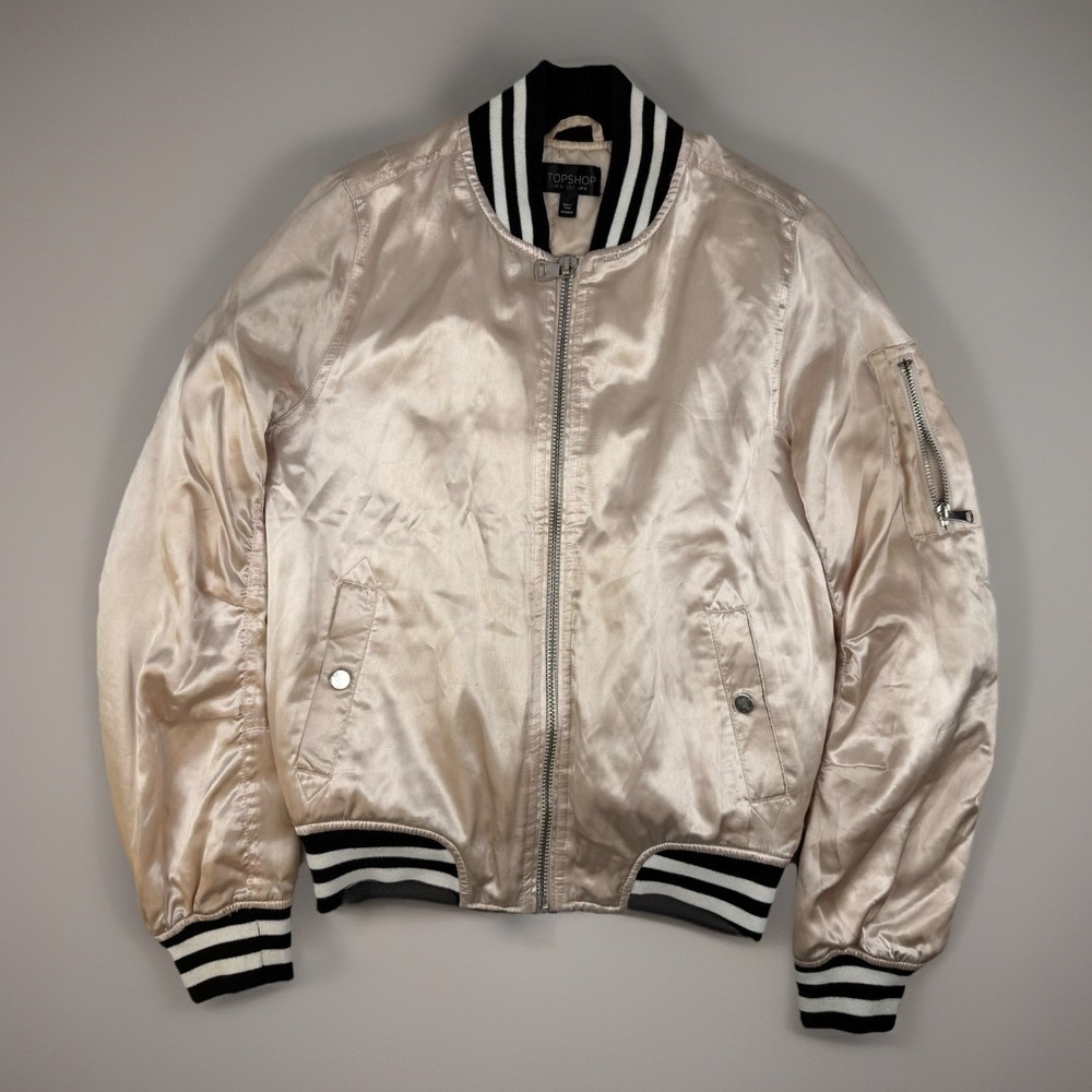 Topshop Satin Bomber Jacket Blush Pink Varsity Cropped US 2